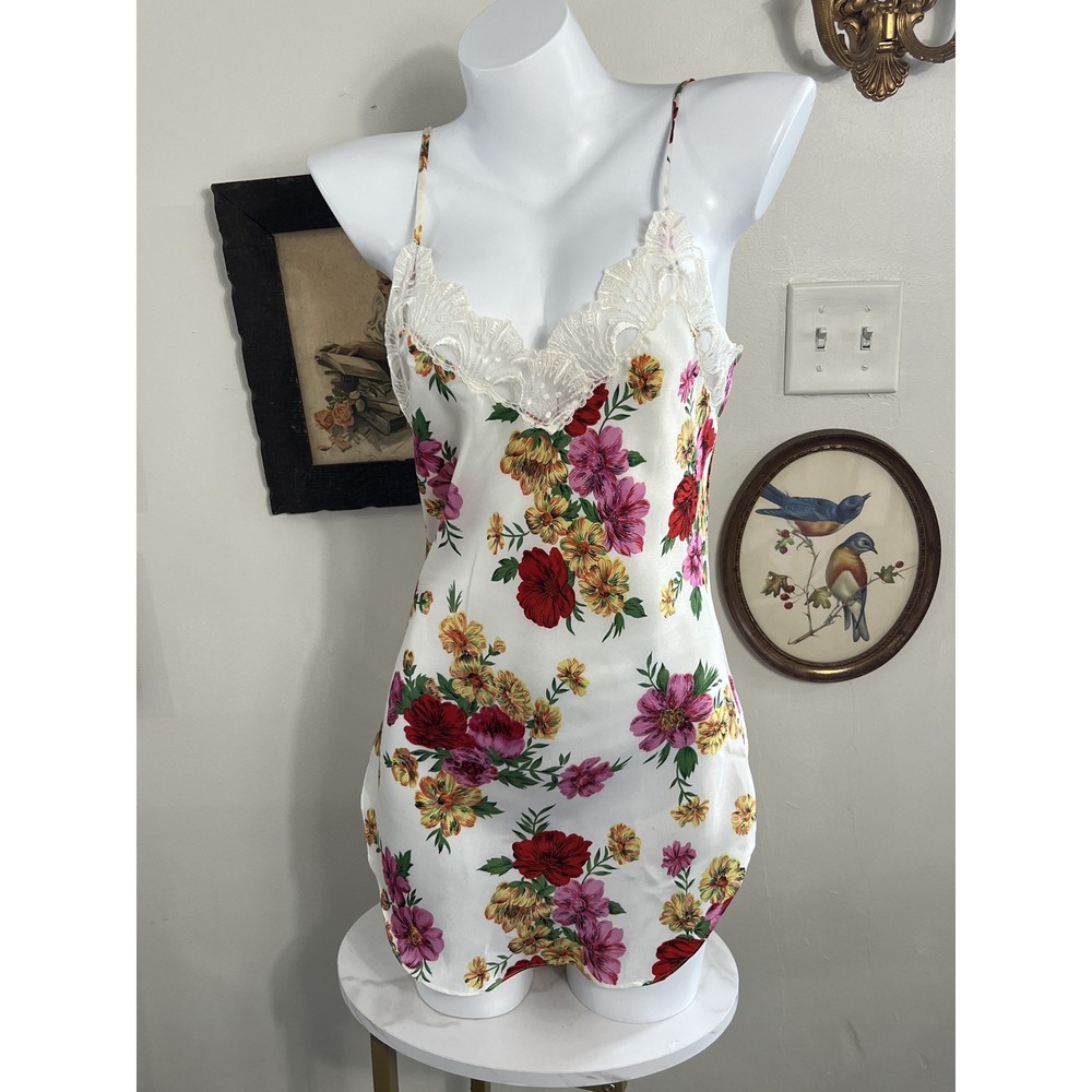 Vintage Victoria's Secret Gold Label White Floral Print Satin Slip Dress Size S